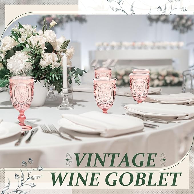 100 Pcs Plastic Goblets 7.5oz Vintage Goblet Plastic Wine Glasses Colored Retro Embossed Water Goblets for Wine Bar Juice Baby Shower Wedding Reception Grand Event Party (Pink)