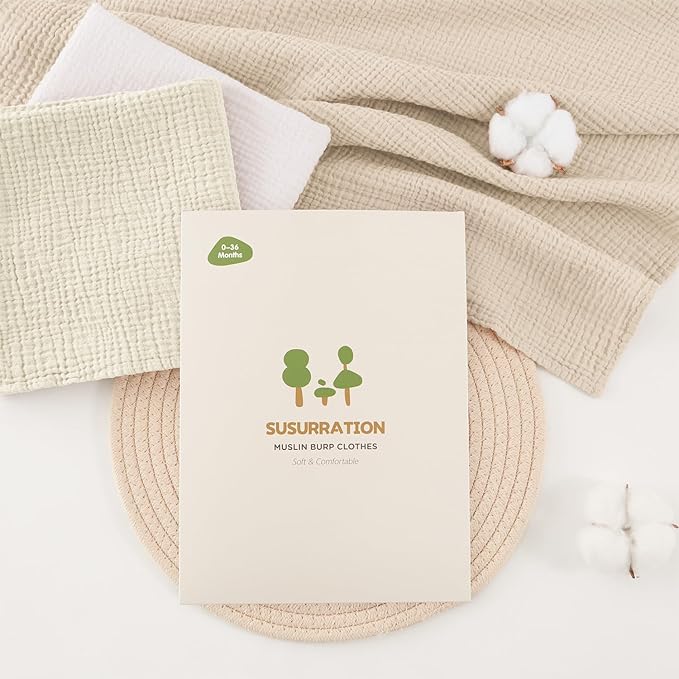 Susurration Muslin Burp Cloths 24x24 Inches Ultra Soft 100% Cotton, 4 or 7 Pack Baby Washcloths for Newborn, Absorbent Burp Rags & Swaddle Blankets
