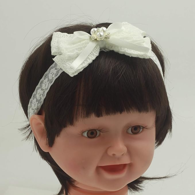 White Baby Bow Headband for Baptism Christening Satin Lace Hair Band with Cross for Toddler (B-white lace bow with imitation pearl, 0-6 months)