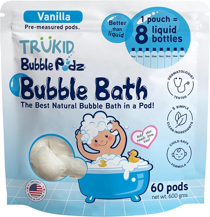 TruKid Bubble Podz Bubble Bath for Kids, Toddlers, & Babies, Tear Free Gentle & Refreshing Bath Bomb for Sensitive Skin with Natural Moisturizers, Non-Toxic, pH Balanced, Vanilla Scent (60 Podz)