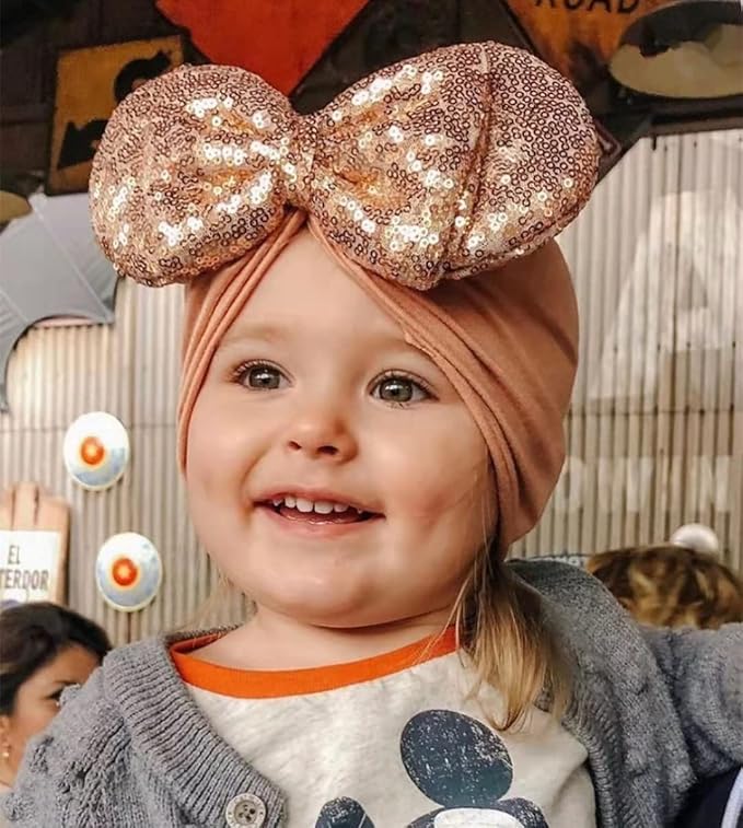 JIAHANG Baby Girl Mouse Ears Turban Headwrap with Gold Sequin Bows, Wide Velvet Hairband for Newborn, Toddler, and Kids - Party Supplies