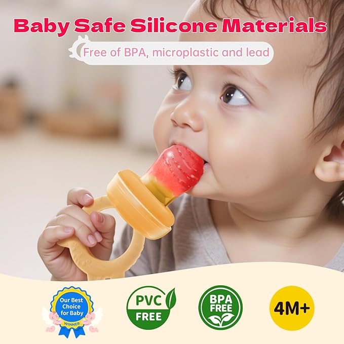 Baby Fruit Feeder with Freezer Tray, Auto-Push Food Feeder Pacifier for 3-6 6-12 18 Months, BPA-Free, Breastmilk Popsicle Mold, Safely Introduce Solids, Fresh + Frozen, 2 Sizes Pounches