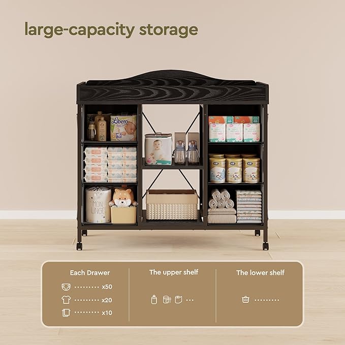 Changing Table, 6-Drawer Baby Dresser with Changing Table top,Waterproof Diaper Changing Station & Pad, 2 Height-Adjustable Open Storage Shelves, Mobile Nursery Organizer, Black