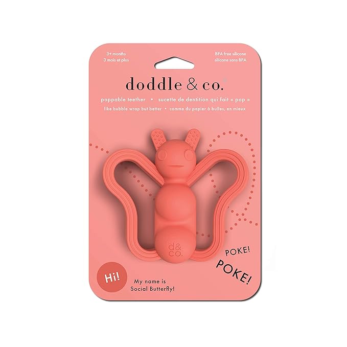 Doddle & Co. The Chew Butterfly Teether with Poppable Bubbles | Toddler Teething Fidget Toy for Baby | Enhaces Oral Fit & Easy to Hold & Grab | Helps in Development for New Born Babies | Pack of 1
