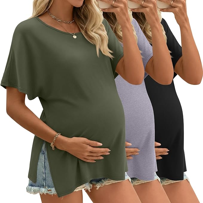 Riyiper 3 Pack Women's Maternity Tunic Shirts Cotton Summer Pregnancy Clothes Loose Oversized Split Side Blouse Tops