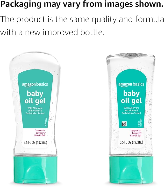 Amazon Basics Baby Oil Gel with Aloe Vera & Vitamin E, Moisturizing, Fast Absorbing, No-Mess, Dermatologist Tested, 6.5 fl oz, Pack of 1 (Previously Solimo)