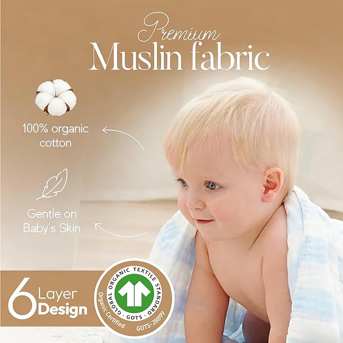 Muslin Baby Bath Towel Set - 100% Organic Cotton 5-Piece Set (2 Large Towels & 3 Washcloths), 6 Layer Absorbent Gauze, Perfect Newborn (Blue Stripe)