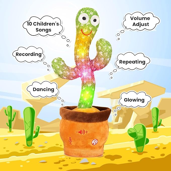 Volume Adjustable Dancing Talking Cactus, Singing Repeating Recording Mimicking Cactus Baby Toys, Interactive Learning Tummy Time Toy for Toddler Boys Girls, Stocking Stuffers for Kids, for Grandkids
