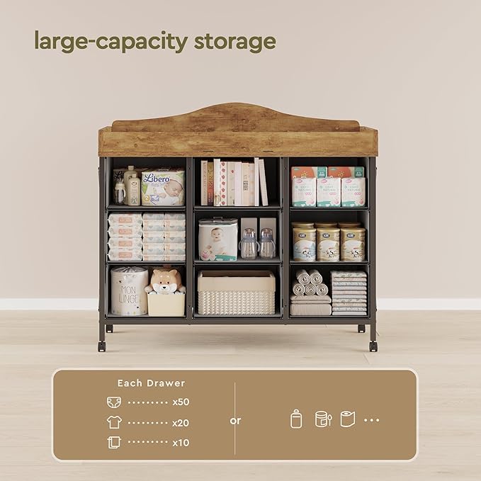 Baby Changing Table with 9 Fabric Drawers, Waterproof Diaper Changing Station & Pad, Mobile Nursery Diaper Changing Table, Baby Furniture, Bedroom, Rustic Brown