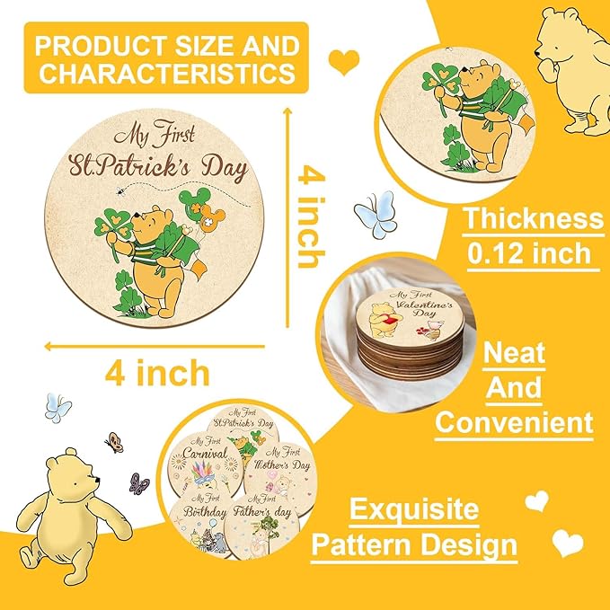 Winnie 6PCS My First Holiday Milestone Signs, Pooh My First Holiday Baby Milestone Double Sided Baby Months Wooden Signs with Storage Bags, The Pooh Deck Wooden Discs Announcement Sign,Winnie Gifts