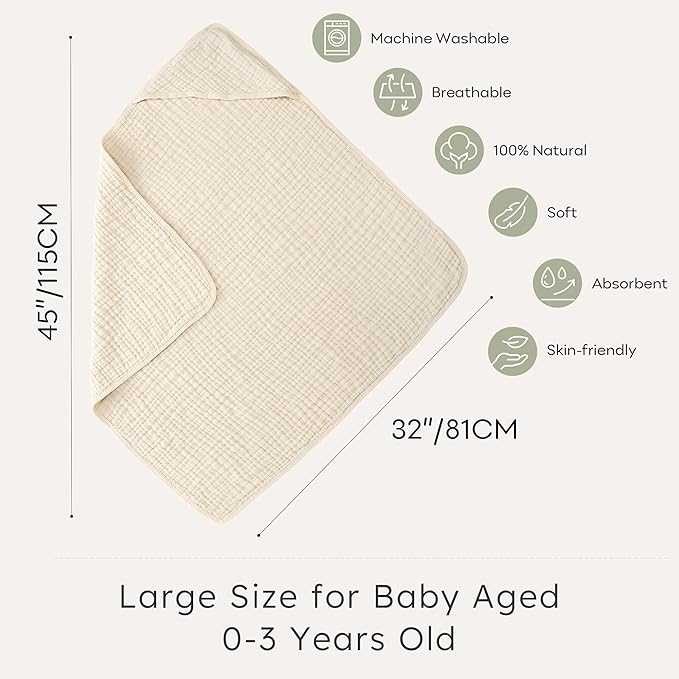 Looxii Baby Bath Towels 2 Pack Muslin Hooded Baby Towels for Newborn and Infants, 100% Cotton, Large 32x32Inch, Soft and Absorbent Beige+Green