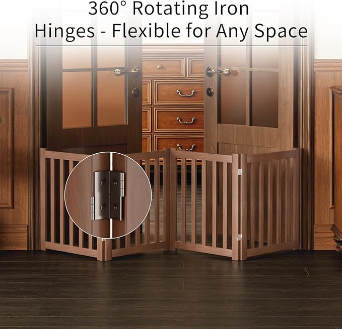 4-Panel Solid Wood Dog Gate - Freestanding Folding Pet Gate for Doorways, Stairs, Indoor, 24" Height, No Installation Needed, Walnut