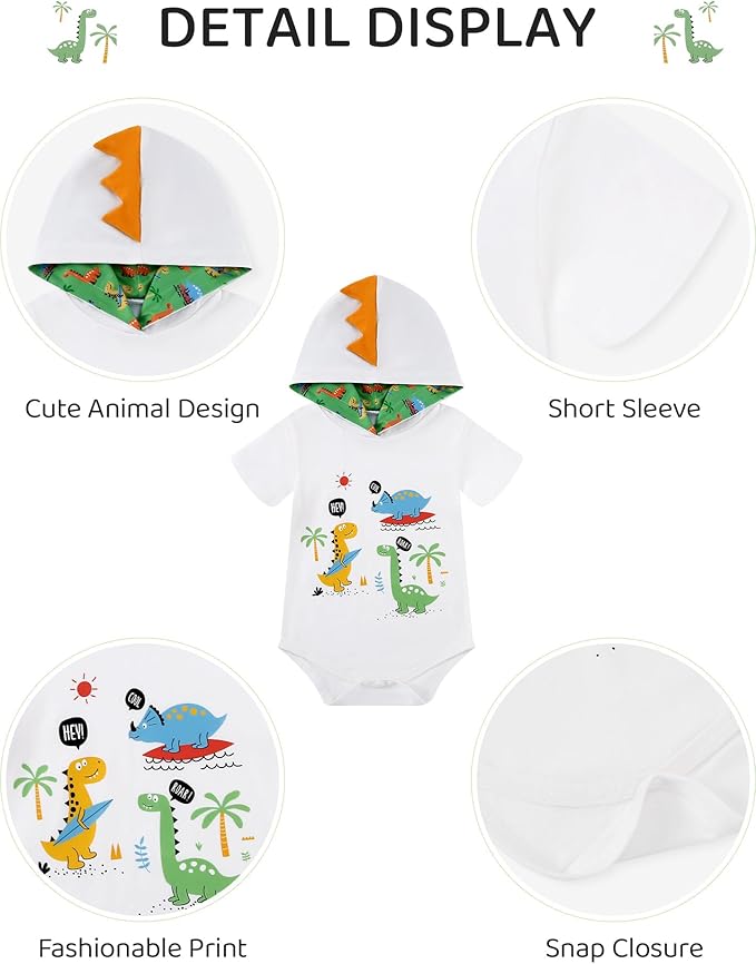 Newborn Boy Summer Outfits Animal Print Short Sleeve Romper with Hoodie & Pants Infant Clothing Set