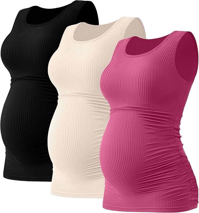 Riyiper 3 Pack Women's Maternity Tank Tops, Sleeveless Cotton Pregnancy Shirts Ribbed Knit Sides Ruched Basic Mama Clothes