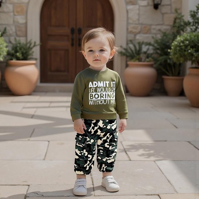 wdehow Toddler Kids Baby Boy Fall Outfits 1T 2T 3T 4T 5T Letter Print Long Sleeve Tops Camouflage Pants Winter Clothes Sets