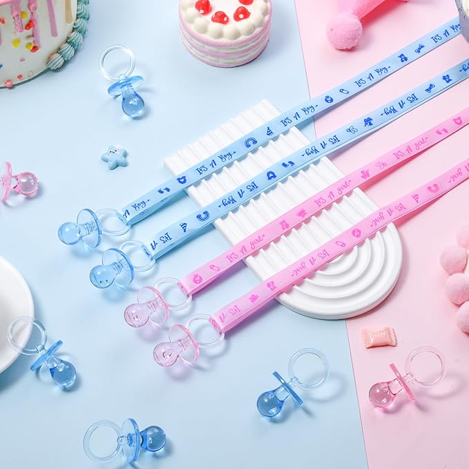 ZYFLSQ 60 Pieces Baby Shower Pacifiers Necklace, Acrylic Pacifier Necklaces for Baby Shower Games Girl Boy Charm, Party Favors, Decorations DIY, Table Scatter, Gender Reveal Necklaces(Pink&Blue)
