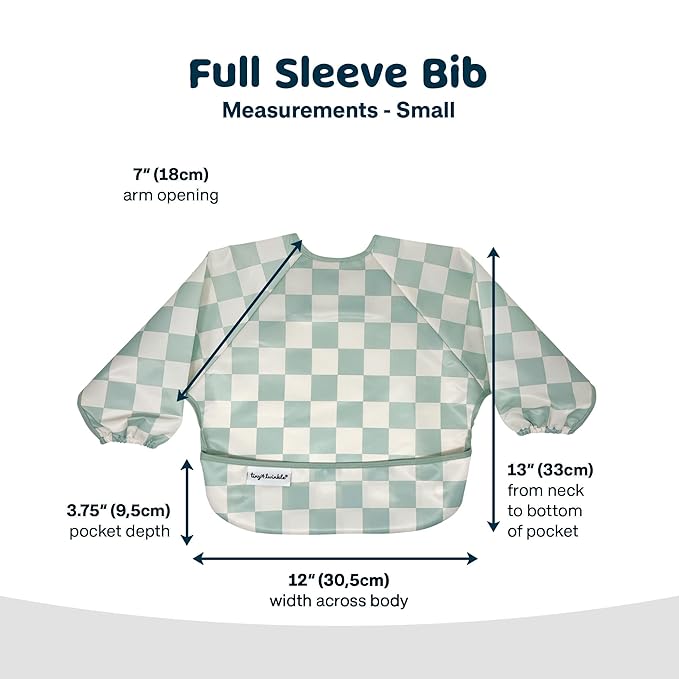 Tiny Twinkle Long Sleeve Bib for Babies & Toddlers | Waterproof Smock Bib for Eating | Machine Washable & Mess-Proof Feeding Essentials | Newborn Shower Gift (Checkers Sage, 6–24M)