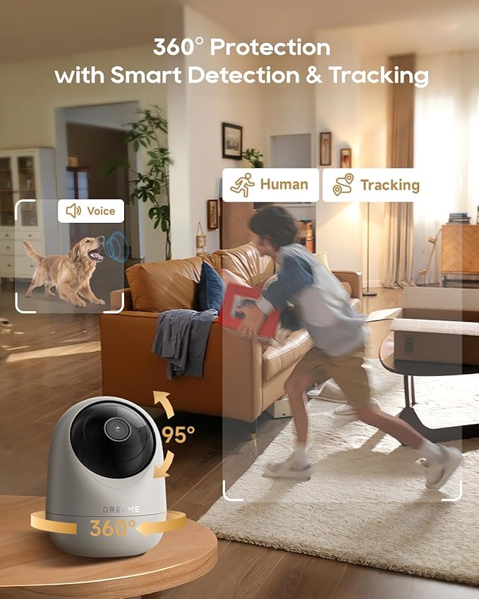 DREAME 2.5K Pet Dog Camera, Indoor Security Camera, Dual-Band 5G/2.4G Wi-Fi, Auto-Tracking, 360° Pan-Tilt, Cloud & 256GB SD Storage, 2-Way Audio, Physical Privacy Mode, Work with Alexa & Google, Grey