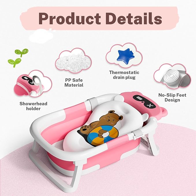 AVIDOR Baby Bathtub,Collapsible Bathtub for Newborn to Toddler,Durable Essential Infant Bath Tub,Portable Travel Baby Tub with Soft Cushion,No-Slip Hanging and Detachable(Rose Pink)