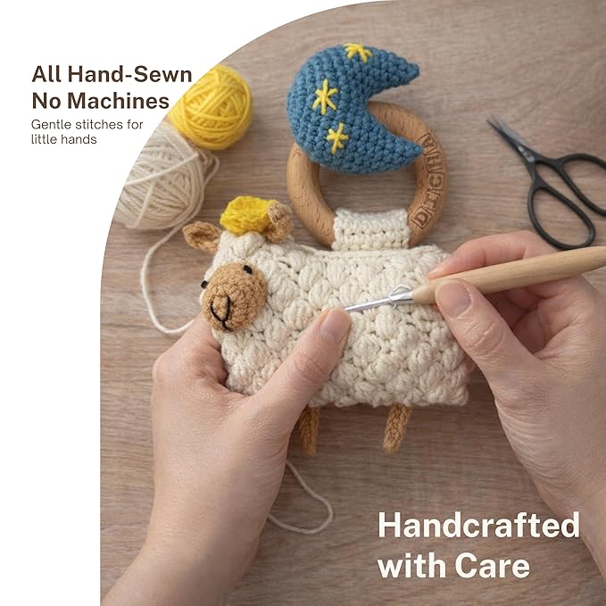 DICHA Wood Baby Rattle-Infant Crochet Rattle Sensory Development Wooden Toys Set-Includes Beech Wooden Teething Ring-Sheep