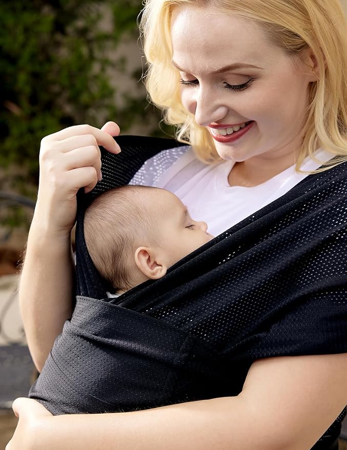 Momcozy Adjustable Buckle Baby Wrap Carrier Cooling Air-Mesh, Easy to Wear Baby Carrier Sling, Baby Carriers Newborn to Toddler 8-35lbs, Suit for Waist 30-47inch, Regular Black