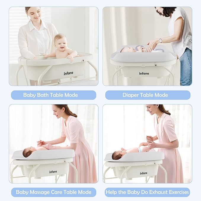 INFANS 2 in 1 Baby Changing Table with Bath Tub Unit, Folding Diaper Dresser Station with Wheels Waterproof Pad Storage Rack, Portable Nursery Organizer Stand for Newborn Infant (White)