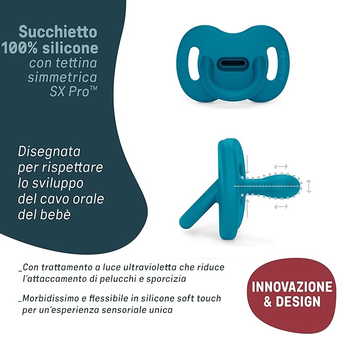 Color Essence SX PRO Silicone Baby Pacifier 1Pk, Made with 100% Soft Silicone, Baby Essentials Perfect for Breastfeeding Babies, Designed in Spain, 6-18 Mths, Blue