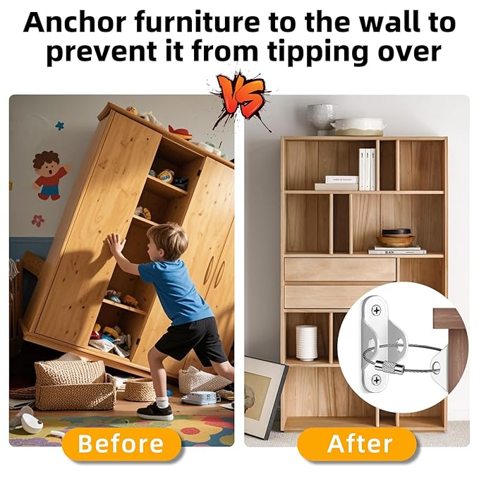 Furniture anchors10-Pack Baby Proof Heavy Duty Furniture Anchors for Dressers, Bookcases and TV Cabinets 400LB Anti Tip Kit with Stainless Steel Hardware Shock Straps (White)