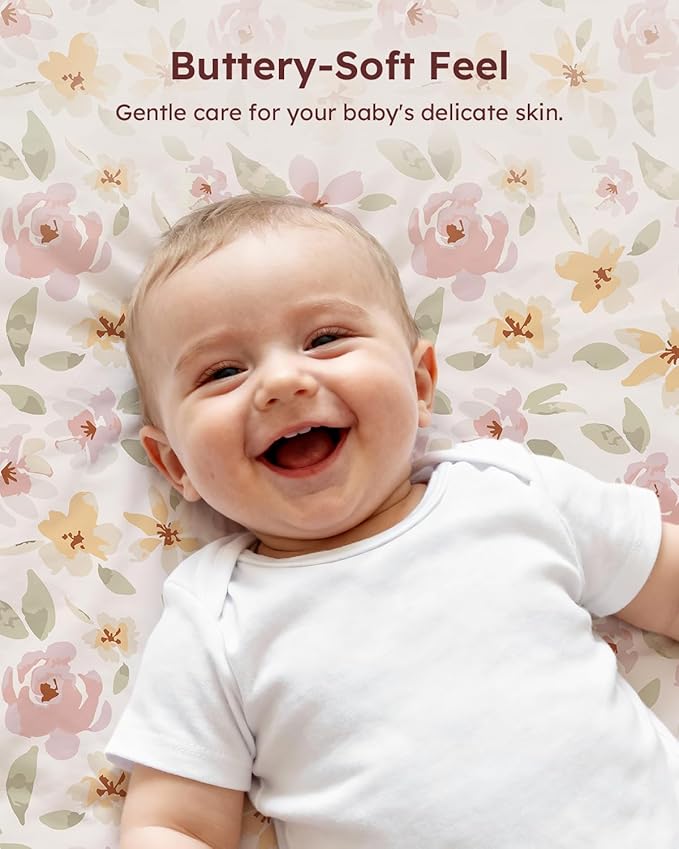 Baby Crib Sheets for Boys Girls, 28x52x8in Fitted Crib Sheet Neutral 3 Pack for Standard Crib and Toddler Mattress, Breathable Soft Microfiber Baby Sheet Pink Flowers & Leaf