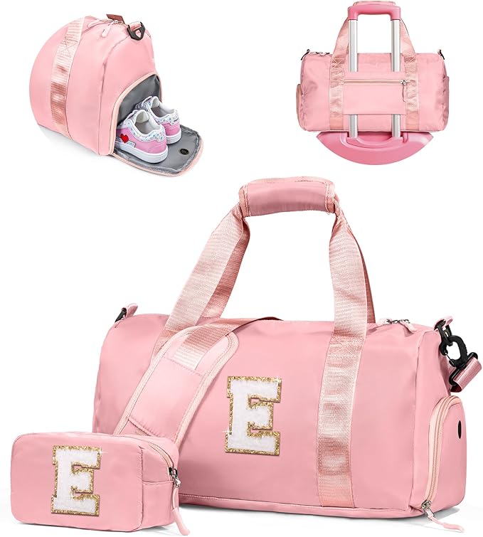 Ballet Dance Gifts for Little Girls-Girl Gym Bag with Shoe Compartment, Kid Weekender Ballet Bags, Initial Travel Tote with Makeup Pouch, Preppy Things for Kids Girls (Letter E)