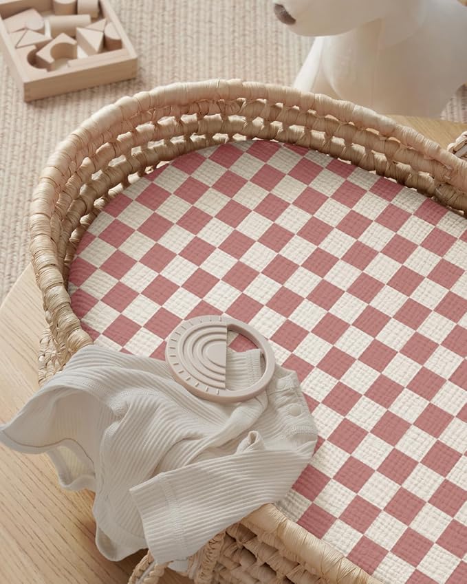 Blissful Diary Muslin Bassinet Sheets for Baby Girls Boys, Boho Soft Cotton Fitted for Oval Hourglass Rectangle Mattress, 2 Pack(Dusty Pink Checkboard & Dusty Pink)