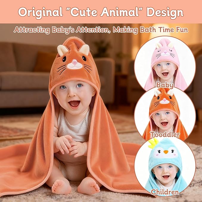 14 PCS Baby Towels, 3 PCS Soft Hooded Baby Towels & 11 PCS Washcloths, Baby Bath Towels for Newborns, Infants & Toddlers, Ultra Absorbent, Cute Baby Towel Gift for Girls
