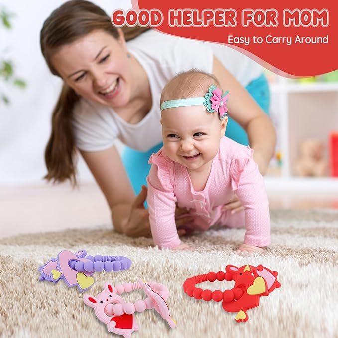 Valentine Teething Toys, Silicone Baby teethers 0-6 Months Easy for Little Hands to Hold, Cupid and Heart Rabbit for Valentine's Day Baby Teething Toys (Valentine Pink)