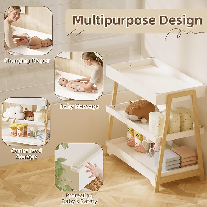 YUFU Baby Changing Table, Portable Diaper Changing Table with Changing Pad, Baby Diaper Changing Station with 2 Tier Storage Shelves for Newborn Baby and Infant, White/Natural