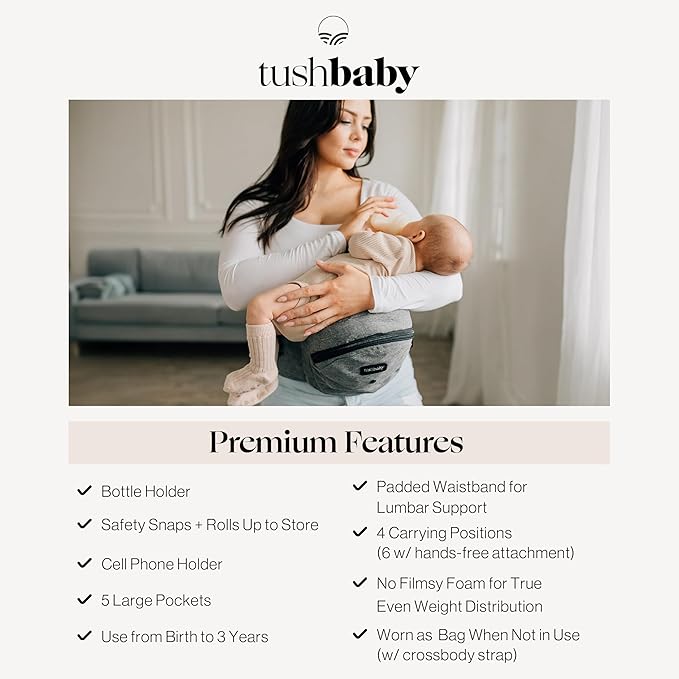 Tushbaby Original Hip Seat Baby Carrier for Babies & Toddlers up to 45 lbs, Safety Certified, Lightweight No-Foam Design with Storage & Nursing Support, Grey
