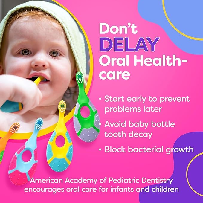 Baby Toothbrush 12 months and up - Toddler Toothbrush - Soft Bristles - Child Sized Brush Heads - infant toothbrush - Kids Tooth Brush - Easy Storage - Unisex Girl & Boy Set (4-Pack, Multi-Color)