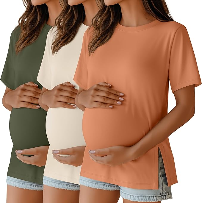 Ficerd 3 Pack Women's Maternity T Shirts, Short Sleeve Side Split Pregnancy Tops Casual Crew Neck Pregnant Tees Mama Clothes