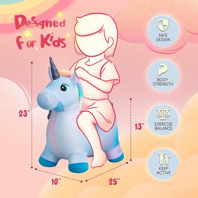 U&C Planet Multi Colored Unicorn Bouncy Horse for Toddlers, Bouncy Animals for Toddlers, Animal Hopper Bouncing Toys Gift for 18 Months 2 3 4 5 6 Years Old Outdoor Indoor with Pump