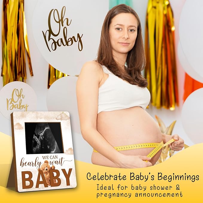 ALodr Bear Baby Shower Decorations, Baby Shower Sign Picture Frame, Cute Bear Shower Gender Reveal, Pregnancy Milestone Keepsake, Pregnancy Announcement Sonogram Photo Frames,Brown