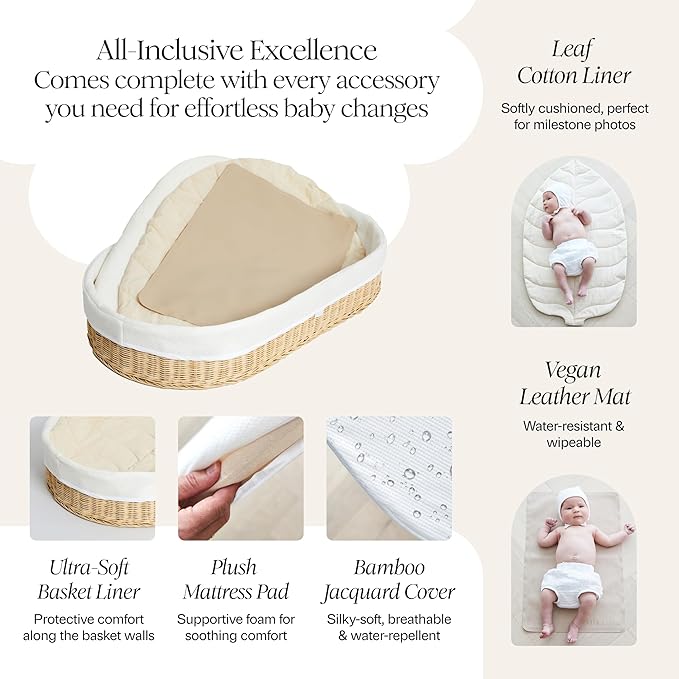 Bebe Bask Premium Baby Changing Basket - Artisan-Crafted Scalloped Rattan - Changing Basket for Baby Dresser - All Accessories Included - Complete Set for Nursery (Natural) | Premium, Artisan-Crafted, Changing Basket, Baby Dresser, Complete Set