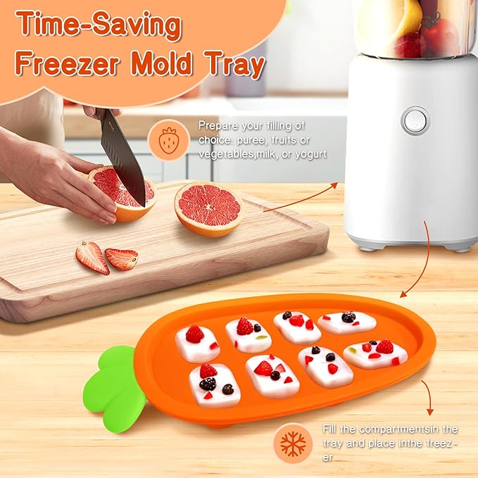 Baby Fruit Food Feeder - Silicone Nibble Tray Combo - Breastmilk Popsicle Mold for Cooling Relief, BPA Free Mesh Feeder for Infant Self Feeding (Monkey Blue Orange + Carrot)