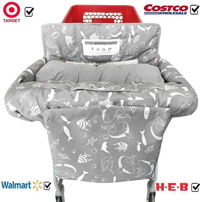 Love&go Soft Pillow Attached 2-in-1 Shopping Cart and High Chair Cover for Baby, Cotton Padded Cart Cover, Fold'n Roll Style, Portable with Carry Bag (Gray Seaworld)