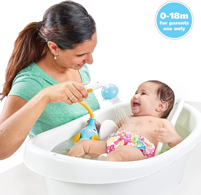 Yookidoo Baby Bath Shower Head – Elephant Water Pump with Trunk Spout Sprayer & Rinser, Dual Knob Flow Control, Bath Time Essential for Newborns, Tub or Sink (Blue & Orange)