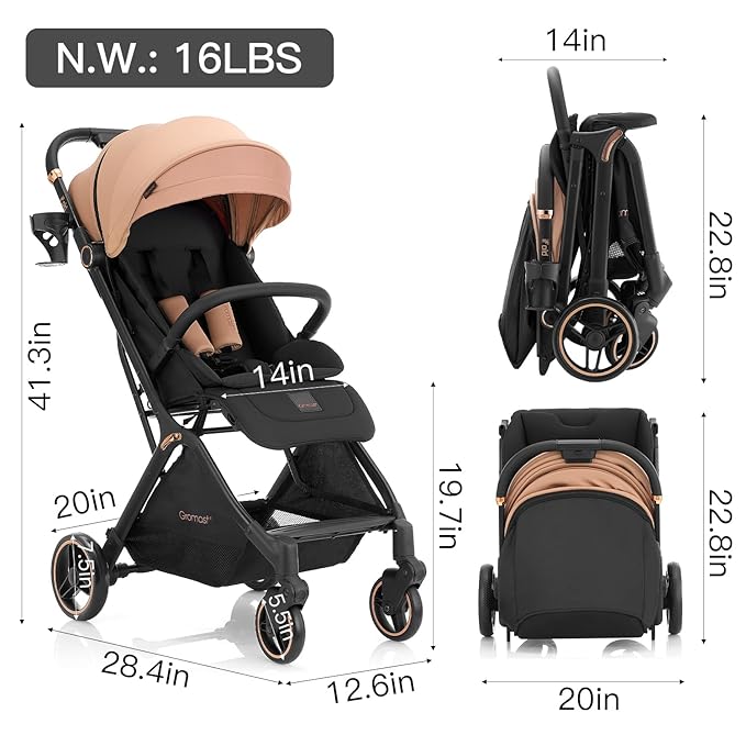Gravity Folding Baby Stroller - Portable Travel Toddler Stroller w/Adjustable Backrest, Canopy & Cup Holder, Lightweight and UV Protected, One-Hand Automatic Folding - Khaki