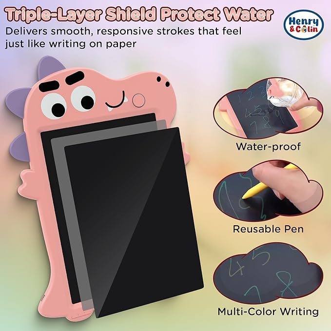 Henry & Colin Dinosaur-Themed LCD Writing Tablet for Kids – Reusable, Travel-Friendly Drawing Pad for Boys & Girls Ages 3 & Up. Perfect for Creativity, Fun, Learning, and Education (Pink)