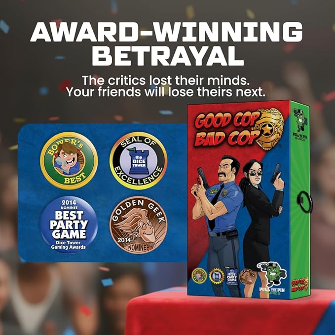 Pull the Pin Games Good Cop Bad Cop - Board Games & Card Games for Epic Fun - Hidden Identity Party Card Game - Fast-Paced Social Deduction - Easy to Learn - 4-8 Players - Award-Winning Family Game
