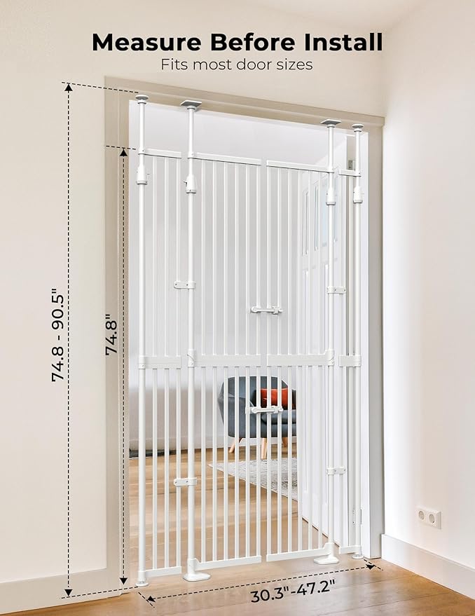 Extra Tall Cate Gate for Doorway: Pressure Mount 74.8"-90.5" Tall Cat Gate for Pets in Extra 30.3"-47.2" Width No Wall Drilling No Toddler for Indoor Stairs Hallway Room Safety Barrier
