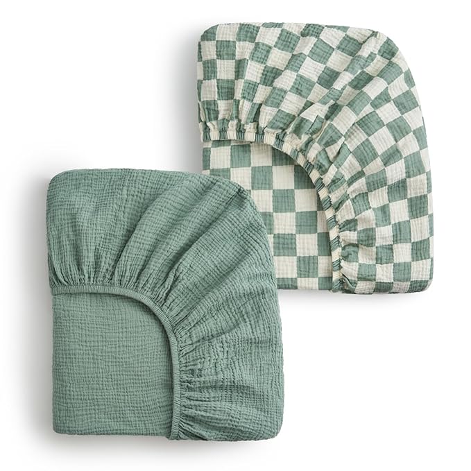 Blissful Diary Muslin Bassinet Sheets for Baby Girls Boys, Boho Soft Cotton Fitted for Oval Hourglass Rectangle Mattress, 2 Pack(Sage Checkboard & Sage Green)