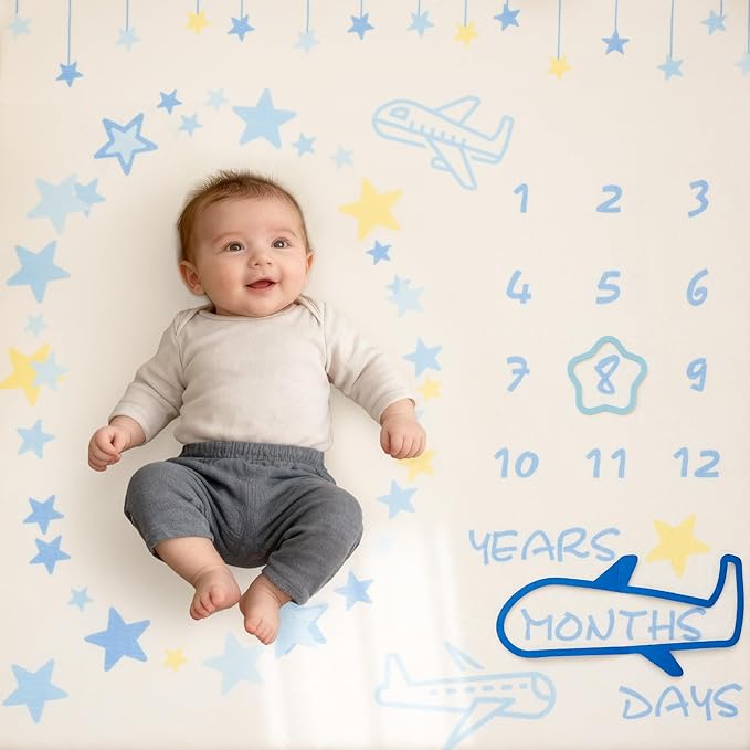 1.3" Thick Playmat for Floor, 50 x50 Monthly Milestone Mat, Padded Support Soft Plush Nursery Mat for Crawling Kick Activity, Flannel Photography Background Prop for Boys Grils