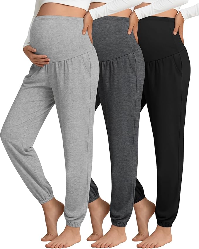 3 Pack Women's Maternity Pants Maternity Jogger Sweatpants Over The Belly Stretchy Pregnancy Pants with Pockets